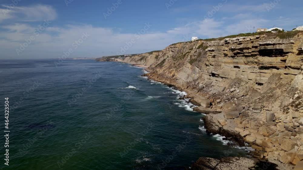 Portugal, Azenhas do mar, summer beach, rocky coastline, aerial drone footage Portugal, Azenhas do mar, summer beach, rocky coastline, aerial drone footage