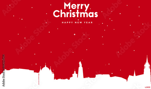 Christmas and new year red greeting card with white cityscape of Lodz