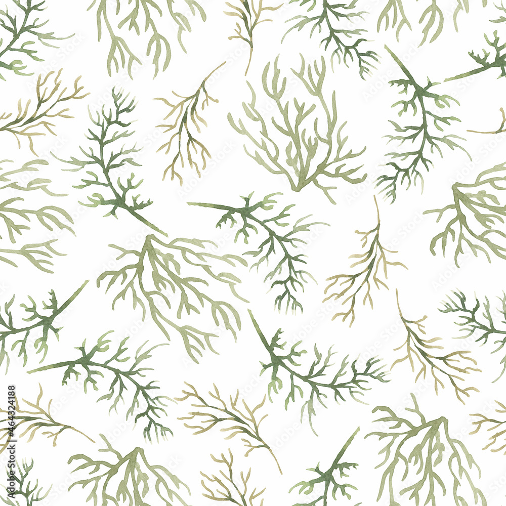 Watercolor hand drawn green branch endless Paper, abstract seamless pattern.