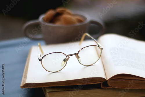 Bowl of cinnamon cookies, hardcover books and reaing glasses. Selective focus. © jelena990