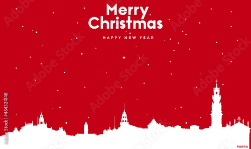 Christmas and new year red greeting card with white cityscape of Porto