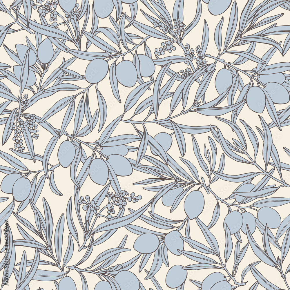 Fototapeta Seamless vector pattern of olive tree sprig. Hand drawn vintage blue olives on beige background for design packaging, textile, wallpaper