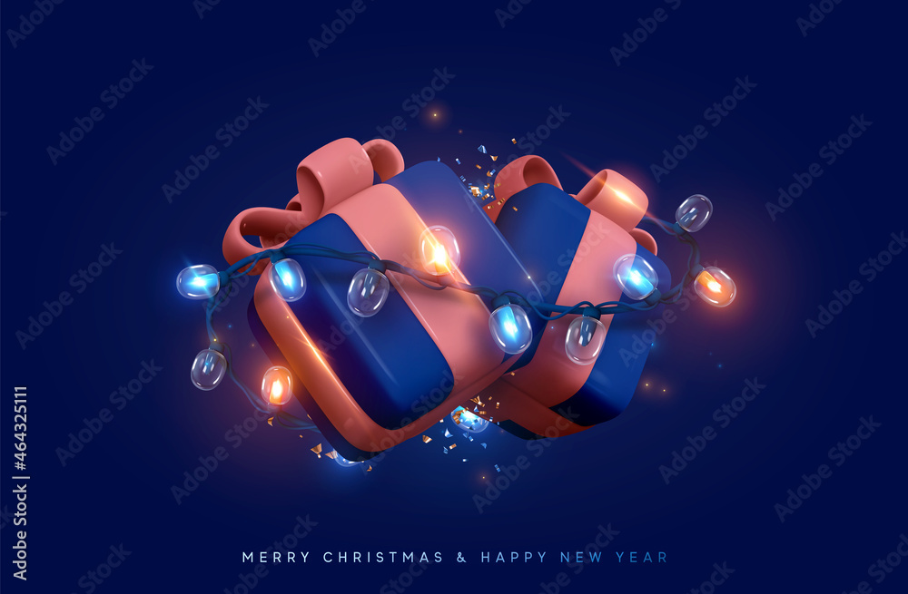 Christmas gift box. Presents with surprise, wrapped in bright light burning garland. Xmas festive background with realistic 3d design element. Happy New Year. Two blue boxes. Vector illustration - obrazy, fototapety, plakaty 