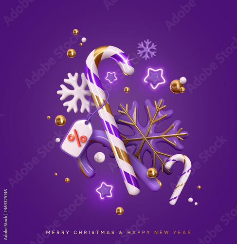 Merry Christmas and Happy new year. Realistic 3d Xmas decorative ornate objects, snowflake and cane candy, stars. Holiday sale label. Creative festive composition. Purple color. Vector illustration