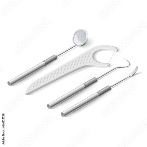 Basic Dentist Instruments and Tools. An Isometric Set of Metal Medical Equipment for Teeth Dental Care. Dental Hygiene and Healthcare Concept on White Backdrop