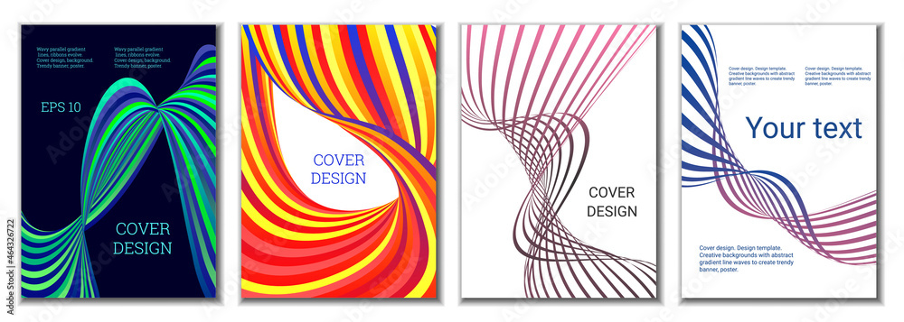A set of 4 abstract covers. Wavy parallel gradient lines, ribbons evolve. Cover design, background. Trendy banner, poster. A set of 4 abstract covers. Wavy parallel gradient lines, ribbons evolve. Cover design, background. Trendy banner, poster.