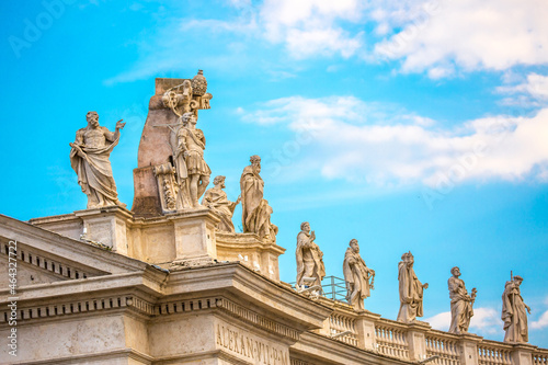 Streets of the city of Rome in Italy. Antique buildings with sculptures of the ancient city. Vatican Square, a beautiful historic center.