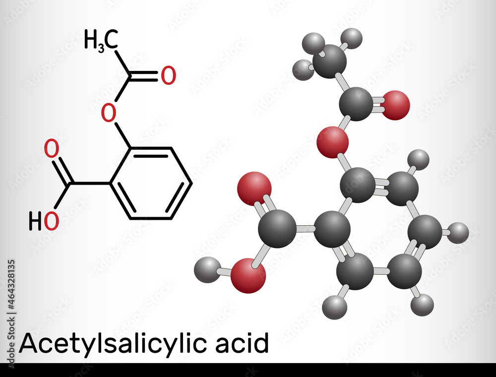 Acetylsalicylic acid, aspirin, ASA molecule. It is salicylate, analgesic and antipyretic medication used to treat pain, fever, inflammation. Structural chemical formula, molecule model Acetylsalicylic acid, aspirin, ASA molecule. It is salicylate, analgesic and antipyretic medication used to treat pain, fever, inflammation. Structural chemical formula, molecule model
