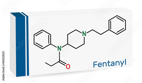 Fentanyl, fentanil,  C22H28N2O molecule. It is opioid analgesic. Skeletal chemical formula. Paper packaging for drugs
