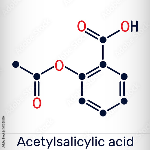 Acetylsalicylic acid, aspirin, ASA molecule. It is salicylate, analgesic and antipyretic medication used to treat pain, fever, inflammation. Skeletal chemical formula