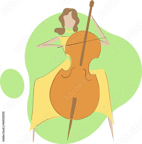 Girl in a yellow dress playing the double bass on a mint background Minimalistic Vector