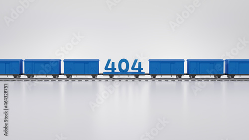404, page not found on blue train carriage. 3d illustration