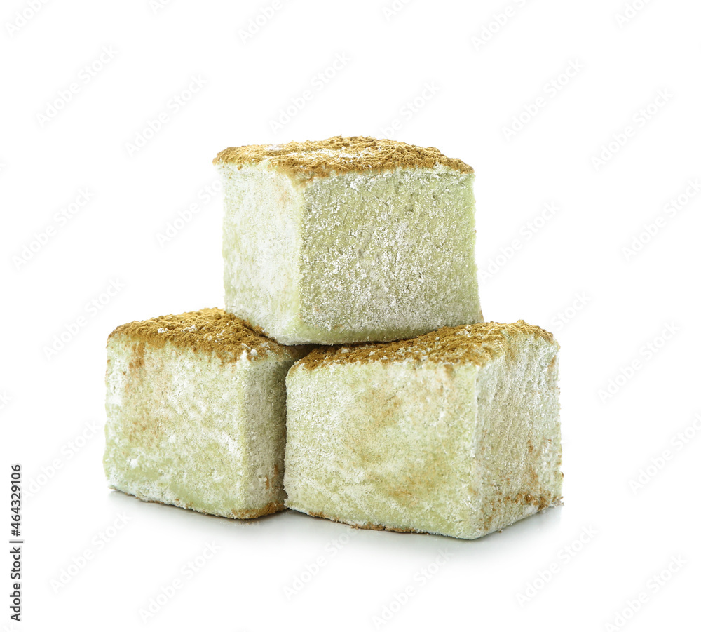 Tasty hojicha marshmallows on white background