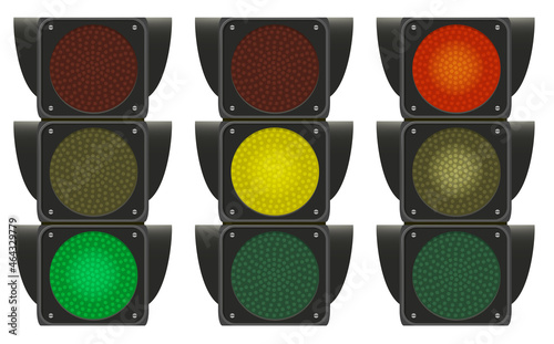 Traffic light sign three variations on. Photo-realistic vector illustration isolated on white background.
