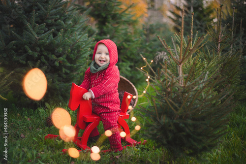 Fotografie adorable baby boy in the red knit jumpsuit and Santa hat smiling and holding roc