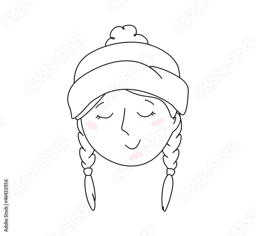 Vector image. The character is a snow maiden in a minimalist doodle style with red cheeks.