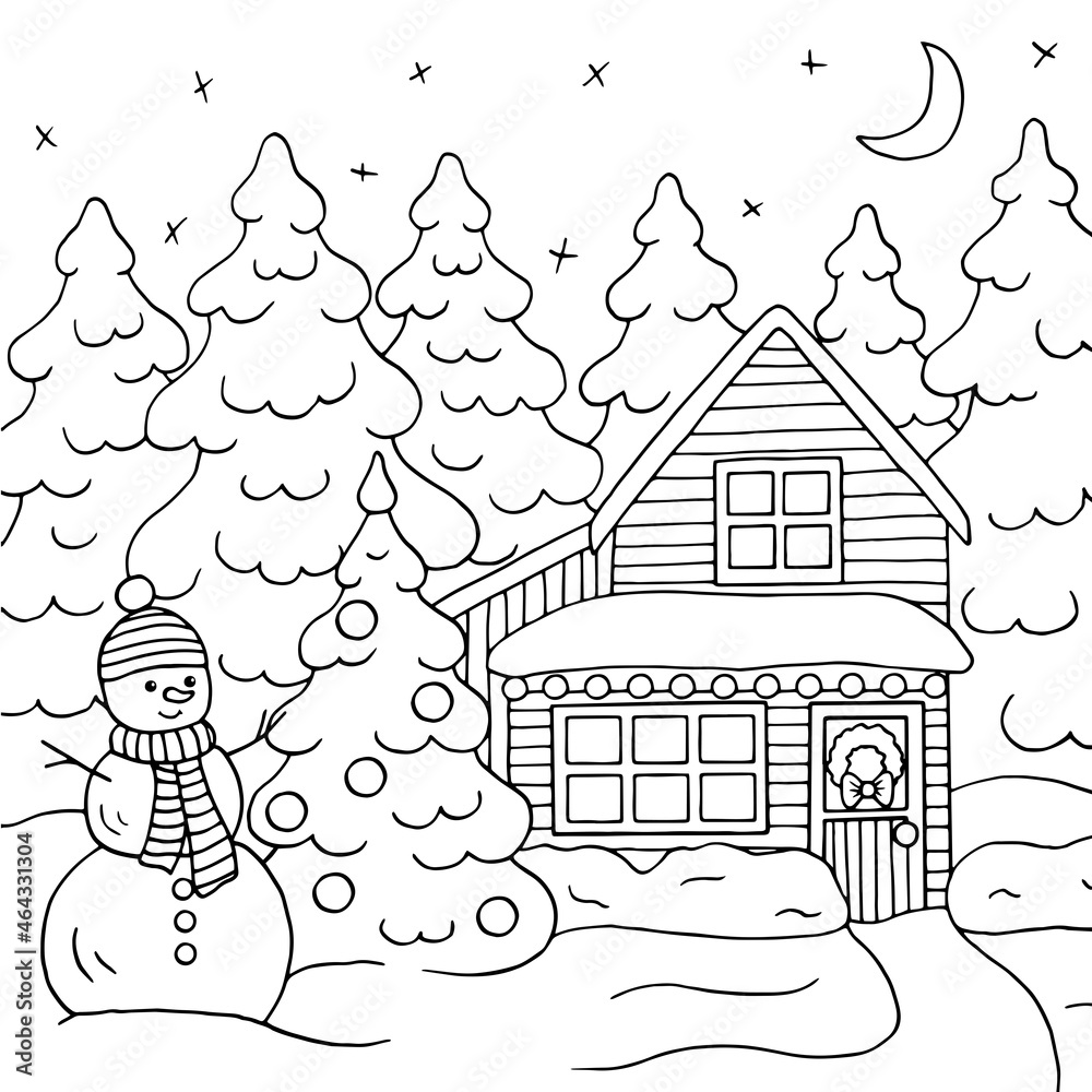 custom made wallpaper toronto digitalA Christmas house in the winter forest, coloring page