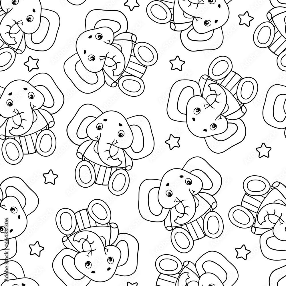 Seamless pattern with toy elephants and stars. Coloring page Seamless pattern with toy elephants and stars. Coloring page