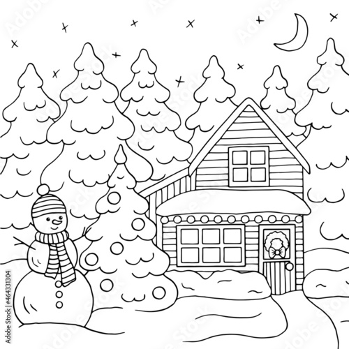 A Christmas house in the winter forest, coloring page
