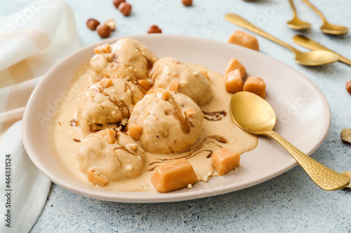 Plate of tasty caramel ice ...