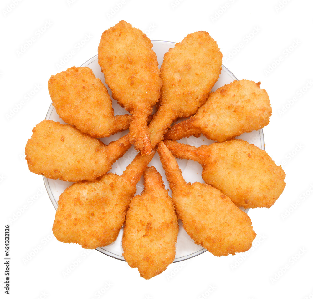 Breaded Butterfly Prawns - Deep fried battered prawns filled in plate on white background Breaded Butterfly Prawns - Deep fried battered prawns filled in plate on white background