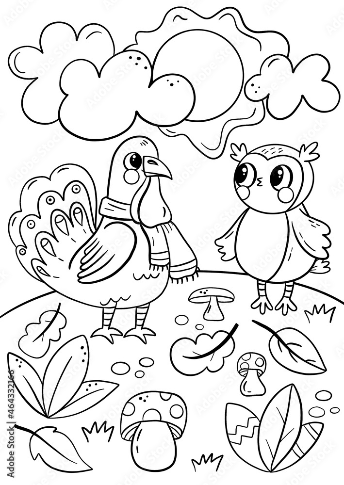 Thanksgiving Day coloring book page. Turkey coloring page. Illustration for coloring, design, preschool education, print and game.