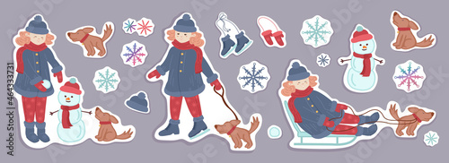 A set of winter stickers with a girl playing with a dog in the street. The girl walks with the dog makes a snowman, skates and sleigh rides. Winter elements vector illustration.