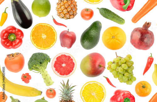 Seamless pattern from bright healthy fruits and vegetables isolated on white background.