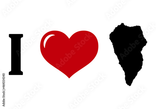 I love La Palma. Quiero la isla de La Palma. Me encanta La Palma. Corazón rojo y silueta negra del mapa de La Palma