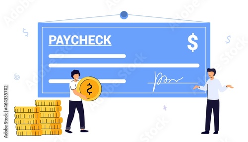 Paycheck Salary and payroll concept Boss pay salaries to employees Payday calendar Money prize Cash lottery winning Payroll tax deposit Payroll software Vector isolated illustration