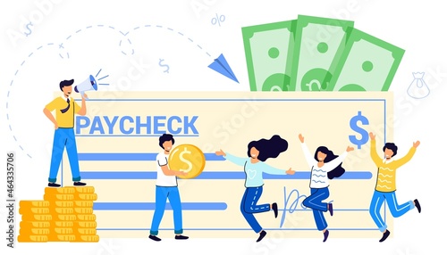 Paycheck Salary and payroll concept Boss pay salaries to employees Payday calendar Money prize Cash lottery winning Payroll tax deposit Payroll software Vector isolated illustration
