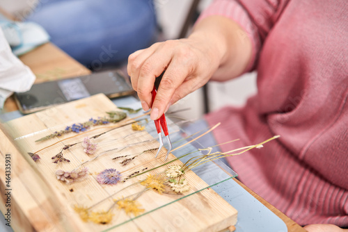 A woman lays out a composition. Master class on creating frame with Herbarium in tiffany technique in stained glass. Herbarium of dried different plants and flowers placed under a glass