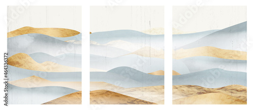 Art background with mountains. Mid century style watercolor image with golden and blue mountains in fog for design, print, poster