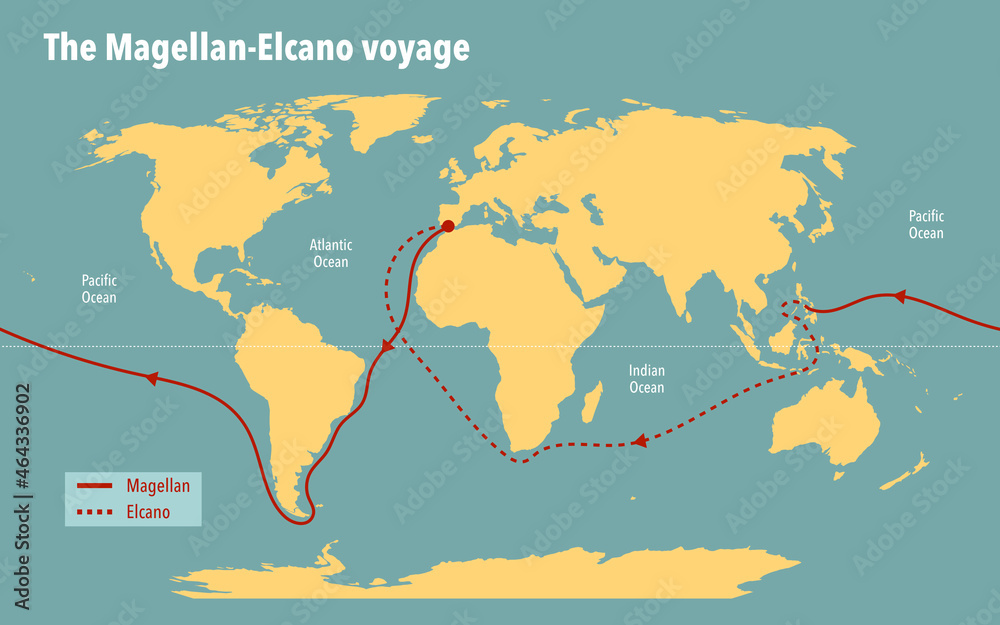 Modern map of the Magellan-Elcano expedition route - obrazy, fototapety, plakaty 