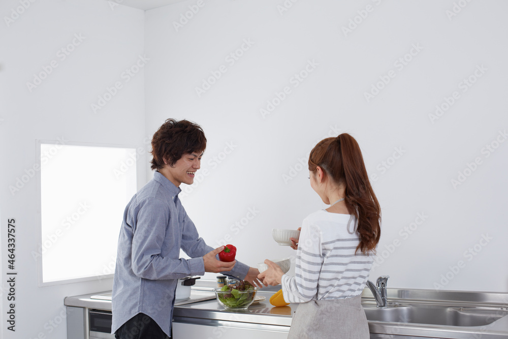 キッチンで料理をする夫婦 キッチンで料理をする夫婦