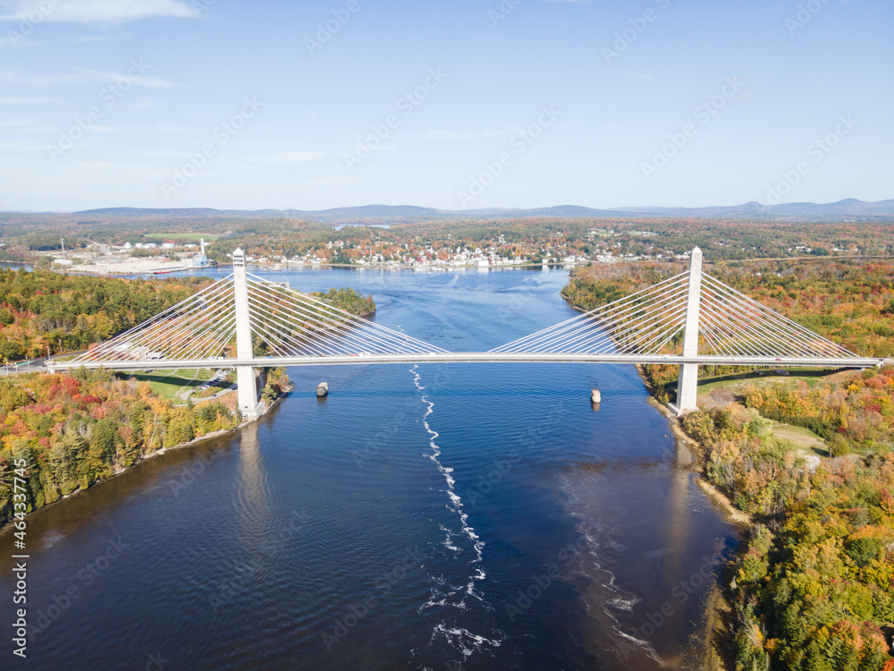 Aerial View of the Penobscot Narrows Bridge in Maine in the Fall
