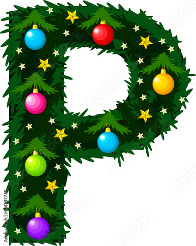The letter P. Font in the form of a Christmas tree.