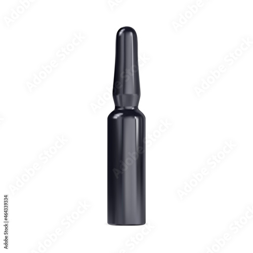 Black glass medicicne ampule. Cosmetics vaccine vial, isolated serum ampoule. Medical drug dose, antibiotic container. Realistic cosmetic injection phial, health care therapy treatment