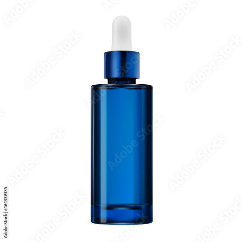 Blue glass dropper bottle, essential oil vial, vector. Clear serum essence flask mock up. Cobalt color pipette bottle, treatment tincture, skin care collagen template mockup. Eyedropper container