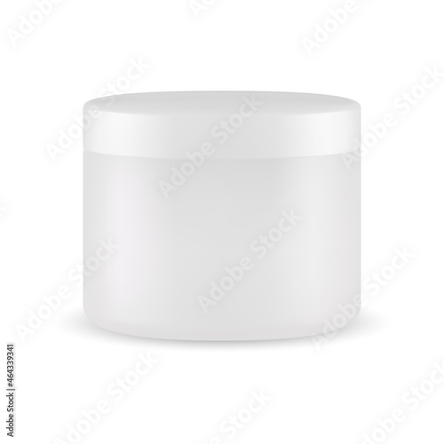 White cream jar blank. Body scrub plastic packaging template. Face powder butter glossy pack. Round cosmetic canister, blush cover for branding identity. Beauty creme container