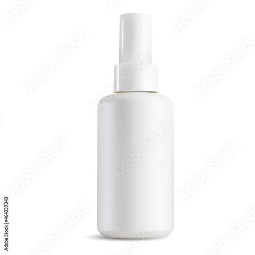 Cosmetic spray plastic bottle mockup, white blank template. Face care lotion aerosol tube. Mist dispenser package, small parfume fragrance. Aerosol cap bottle