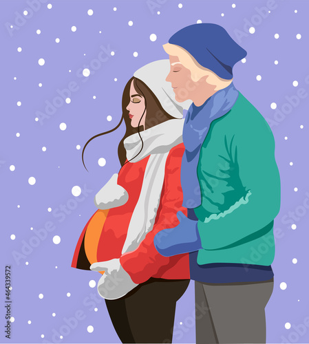 A pregnant woman with a man. Family in winter. A walk on the street. Warm clothes. On Christmas Eve. Vector illustration.