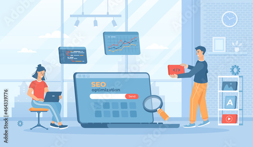 SEO optimization concept. Setting up and optimizing search results for site. Flat cartoon vector illustration with people characters for banner, website design or landing web page.