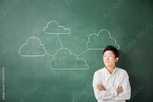 黒板に書かれた複数の繋がった雲の前で考える人 photo