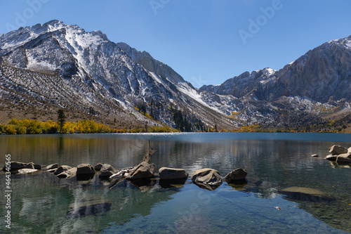 Fresh snow over autumn colors at convict Lake