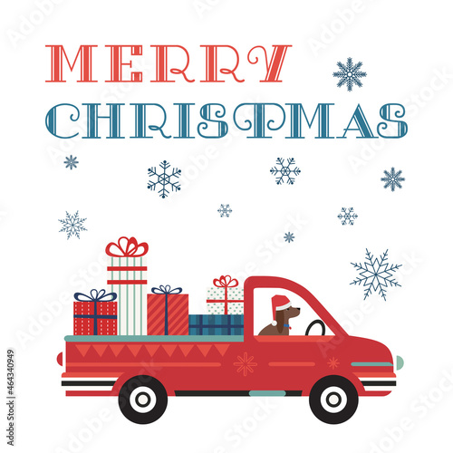 Merry Christmas cute greeting vector poster. Red pickup transporting Christmas gift boxes cartoon illustration design element. Cute dog in Santa hat deliver present boxes. Xmas holiday card background
