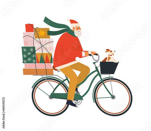 An elder man dressed as Santa Claus rides a bicycle with gifts and dog. Christmas postcard. Winter vertical banner. Vector flat illustration.