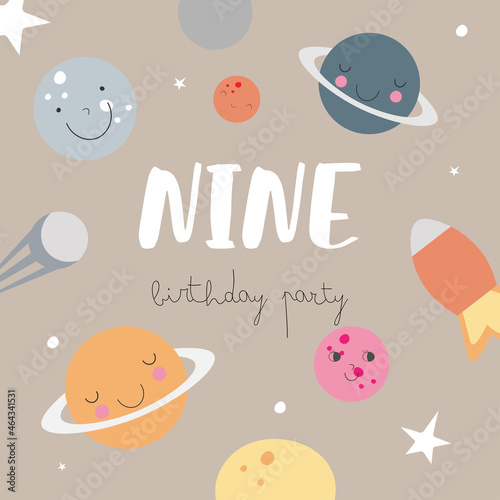 Space Party Invitation Card Template, Birthday Party in Cosmic Style Celebration, Greeting Card, Flyer Cartoon Vector. Kids illustration with planets and number nine.