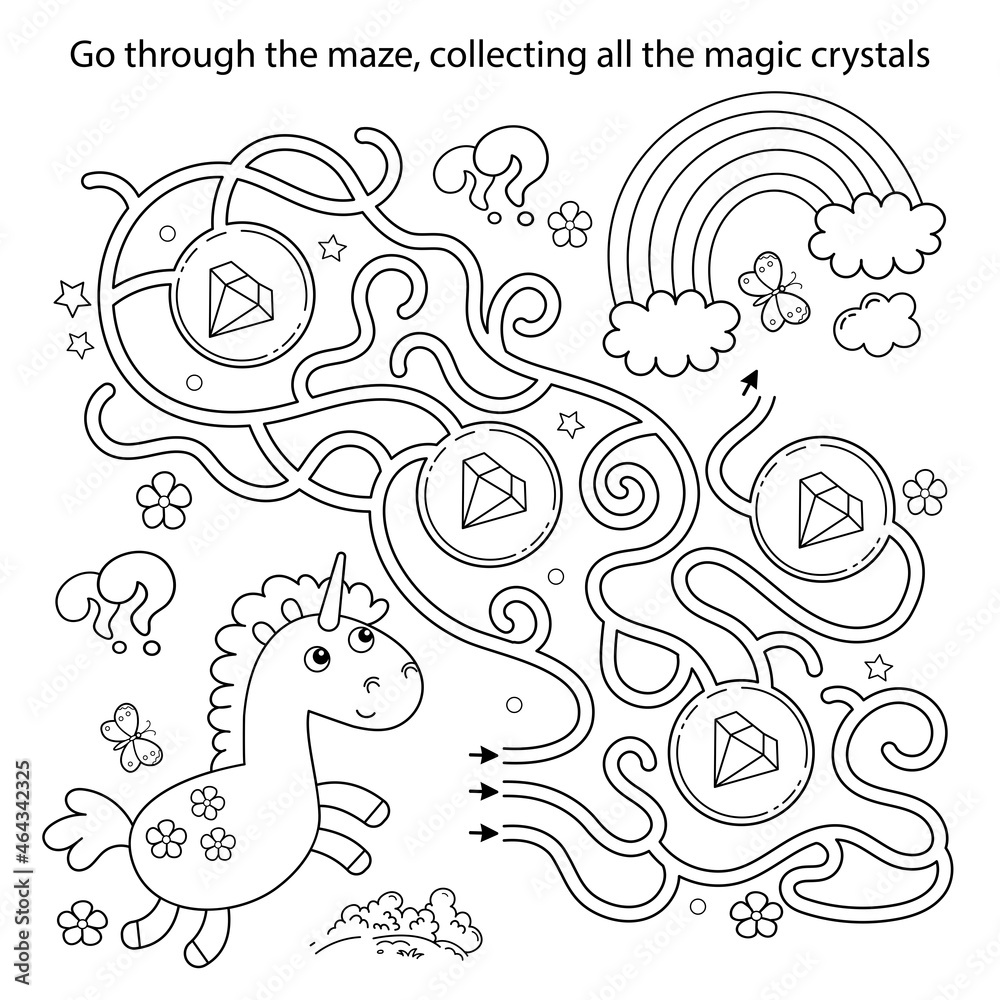 Maze or Labyrinth Game. Puzzle. Coloring Page Outline Of cartoon lovely magic unicorn. Fairy tale hero. Coloring book for kids.