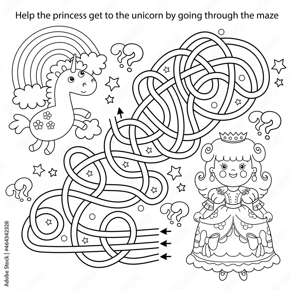 Maze or Labyrinth Game. Puzzle. Tangled road. Coloring Page Outline Of  cartoon lovely princess with magic unicorn. Cinderella. Fairy tale.  Coloring book for kids. Stock Vector | Adobe Stock